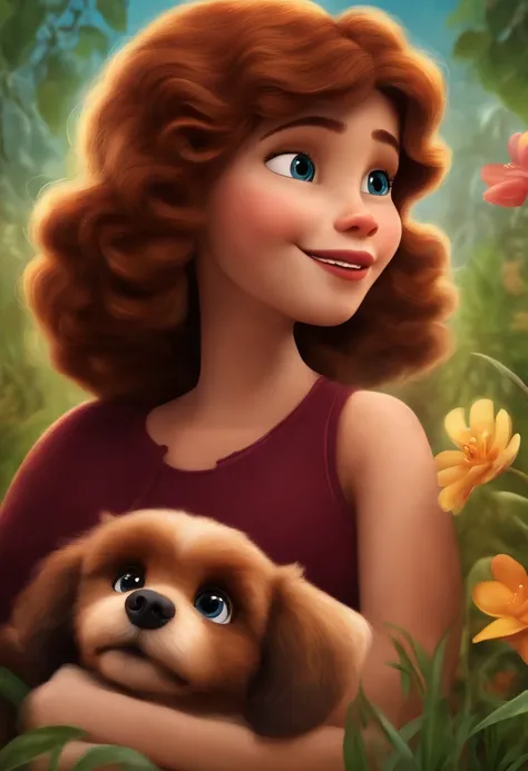 Create a poster inspired by Disney Pixar movies, apresentando um casal acompanhado por uma menina de altura mediana com cabelos castanhos escuros, Full lips and dark eyes and silly face together with brown poodle puppy girl, cachorrinho de pele bem cuidada...