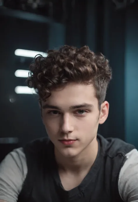 20 year old cyberpunk cute boy,curly wave like hairs, looking at camera, shit on gaming chair ,with computer setup, plant and lighting decoration,straight possing, perfect lighting, deep shadow, best quality, masterpiece, ultra highres, photorealistic