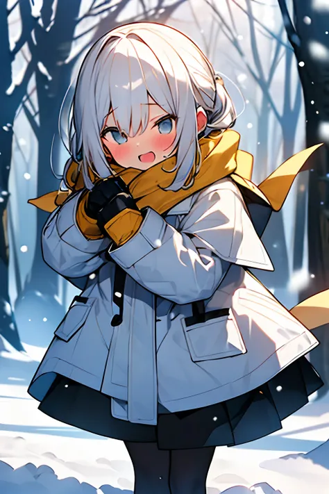 {high quality}, 1girl, white hair, yellow scarf, white down jacket, black fluffy gloves, snow falling, frolicking in yard, snowy trees,