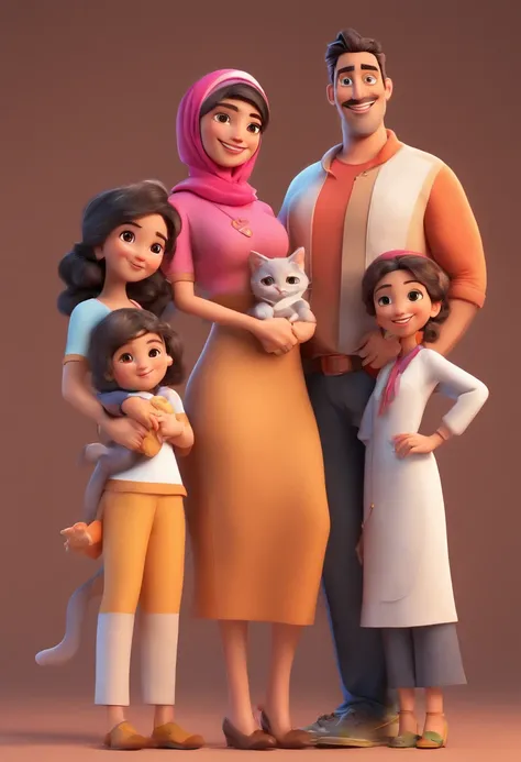 Estilo Pixar: Mom age 37using hijab ,Dad age 38, 2 twins age 5 ,one sister age 9 ,with a litlle cat ,3D Poster,Disney