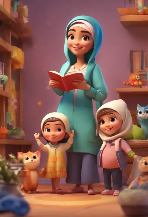 Estilo Pixar: Mom age 37using hijab ,Dad age 38, 2 twins age 5 ,one sister age 9 ,with a litlle cat ,3D Poster,Disney