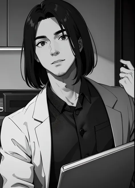 handsome guy, long bob black hair, grayscale, medical mask, dentist uniform