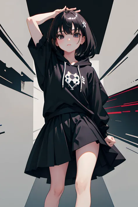 (child)，（​masterpiece，Highest Quality），Black short-sleeved hoodie，skirt by the，Lolita clothes，A dark-haired，Spy