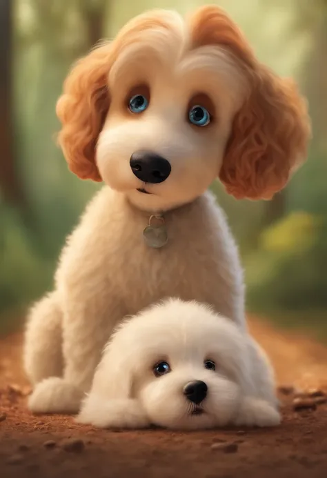 Create a poster inspired by Disney Pixar movies, apresentando uma menina de altura mediana com cabelos castanhos claros, cabelos cacheados e longos, Full lips and green eyes and silly face together with white poodle puppy girl, cachorrinho de pele bem cuid...