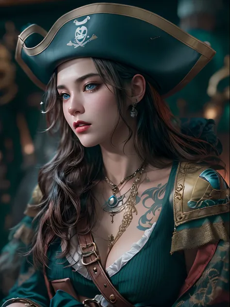 (Masute pieces, An interesting image of a sensual pirate dressed in blue tones is a seductive pirate..:1.3), (Captivating depiction that represents the perfect combination of glamour and adventure..:1.2), (Meticulously crafted to emphasize the characters e...