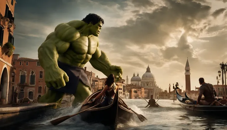 realista, Personalidade: [Illustrate a large photo of Hulk and Wonder Woman about to board a gondola on the canals of Venice. The peaceful, serene atmosphere is broken as the water beneath them churns and foams. A huge mechanical sea serpent erupts from th...