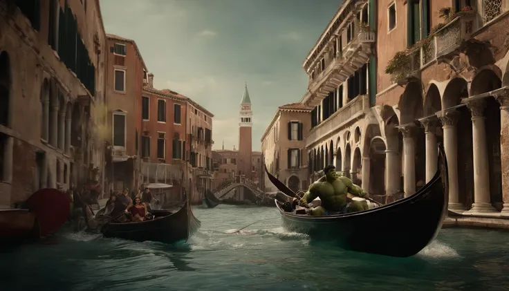 realista, Personalidade: [Illustrate a large photo of Hulk and Wonder Woman about to board a gondola on the canals of Venice. The peaceful, serene atmosphere is broken as the water beneath them churns and foams. A huge mechanical sea serpent erupts from th...