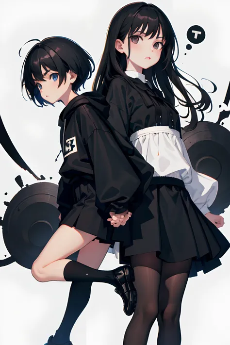 (Two children)，（​masterpiece，Highest Quality），Black short-sleeved hoodie，skirt by the，Lolita clothes，A dark-haired，Spy