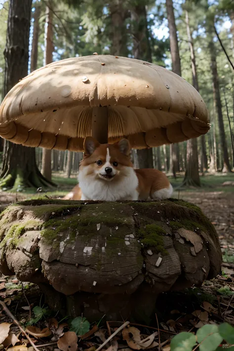 Pomeranian under mushroom in the forest