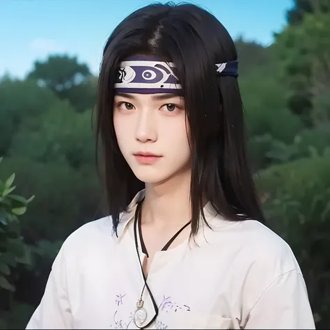 A boy with realistic long hair, realistic faded purple eyes, realistic handsome face, realistic cool expression, realistic headband,Adapt the exact same clothes, realistic light, realistic shadows, realistic background