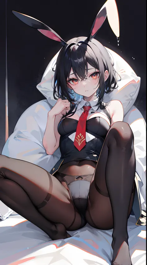 opening legs，Bunny ears，No underwear， the feet，is shy，sitted， Feet，Exposed genitals，clear liquid，Bigchest，transparent panty，soaking wet，Hold your thighs from behind with your hands，Emotive expressions，Ambiguous，taunt，Succubus，Unoccluded，There is no lower l...