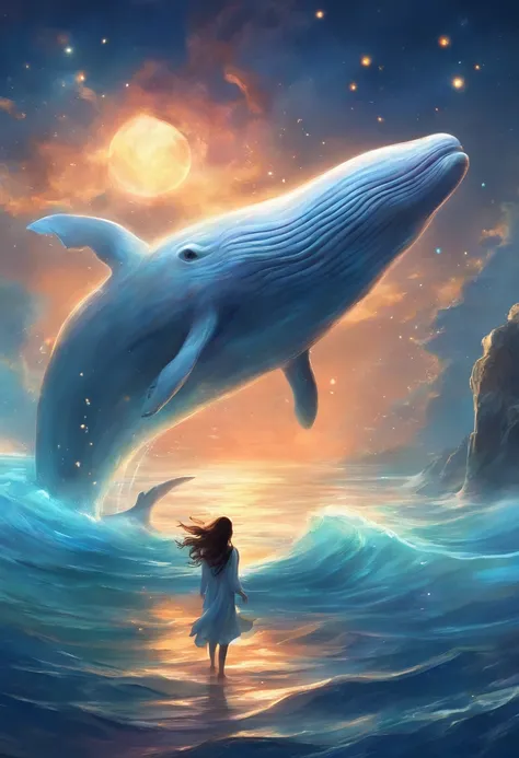 The night sky is actually the sea、A fantastic sight with a giant white whale soaring。Lots of glowing fish around the whale。A girl is clinging to the back of a whale。