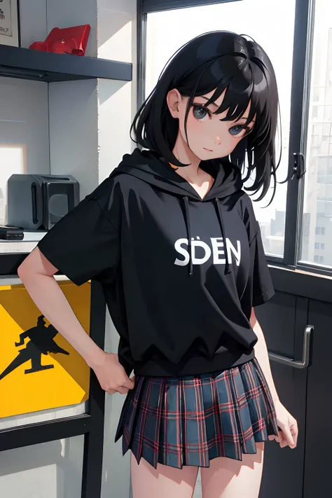 (child)，（​masterpiece，Highest Quality），Black short-sleeved hoodie，plaid skirts，student clothes，A dark-haired，Spy，stas