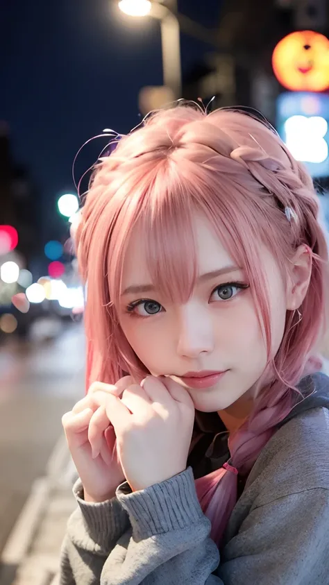 女の子1人、on tokyo street、natta、A city scape、city light、The upper part of the body、up close shot、Blue eyes,Full body,faces、(A smile:1.5)、small tits、Black long-sleeved hoodie、(8K、Raw photography、top-quality、​masterpiece:1.2)、(realisitic、photoRealstic:1.37), (Pi...