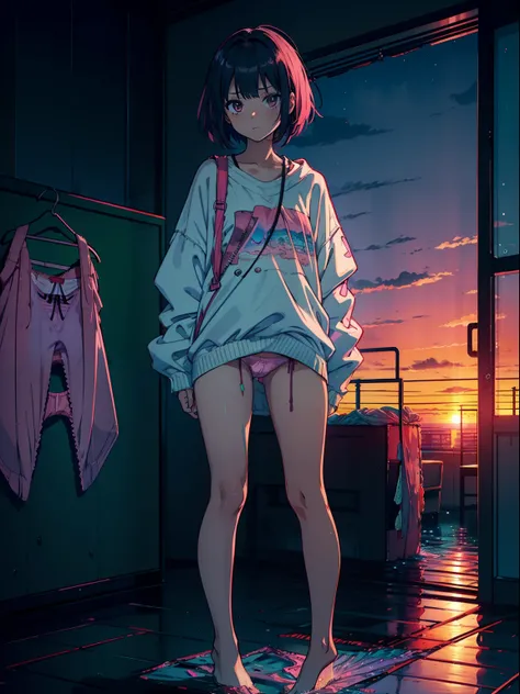 masutepiece, High quality, girl, Colorful Highlight Hair, Big clothes, Comfortable clothing, Night, Sunset, Dark room, Distracting and messing with something,Standing,( Overflowing from panties:1.5)