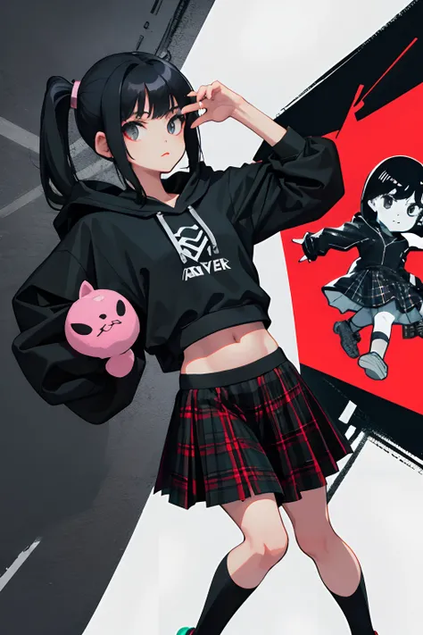 (child)，（​masterpiece，Highest Quality），Black short-sleeved hoodie，plaid skirts，PUNK ROCK，A dark-haired，Spy，stas