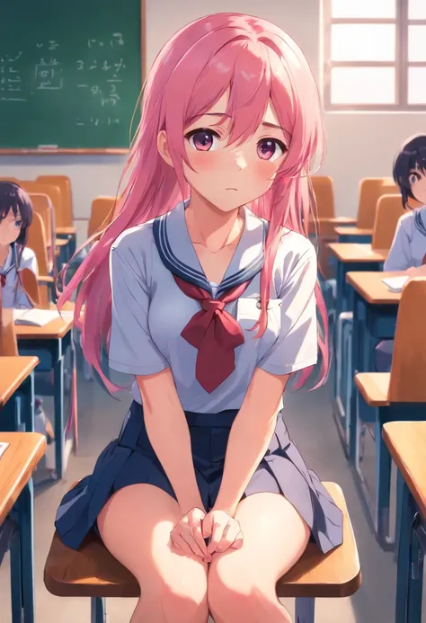 1 long hair, girl in school uniform, miniskirt, pink hair, looking away, sitting and spreading crotch, embarrassed, blushing, crying, mouth closed, classroom (girl leaking pee)