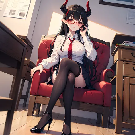 "anime girl, 1 person, black hair, red eyes, glasses, white horns, wearing womens shirt, tie, school clothes, big breasts, tights, high heels, sitting cross-legged, blushing,  bottom-up perspective, (full HD 4K+ image)"