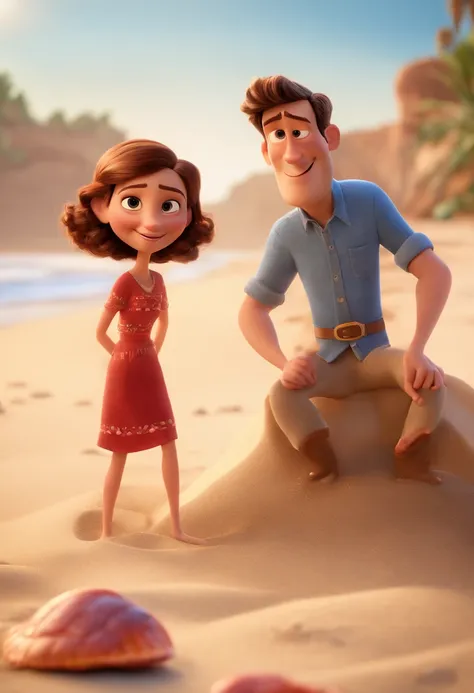 Cartoon-Mann mit braunem Haar und braunem Bart mit einem karierten roten Hemd und einer blonden Frau mit einem Dutt, sie umarmen sich an einem Strand mit Muscheln im Sand, 3D-Animationsfilm, Animationsfilm, Pixar 3D-Animationsstil, Pixar Renderman Renderin...