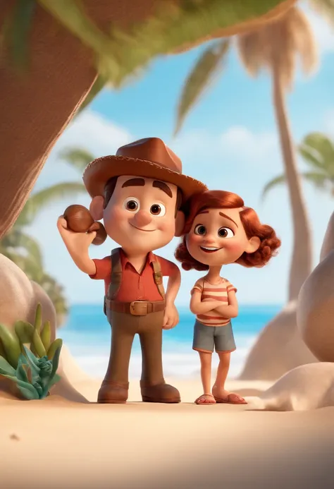 Cartoon-Mann mit braunem Haar und braunem Bart mit einem karierten roten Hemd und einer blonden Frau mit einem Dutt, sie umarmen sich an einem Strand mit Muscheln im Sand, 3D-Animationsfilm, Animationsfilm, Pixar 3D-Animationsstil, Pixar Renderman Renderin...