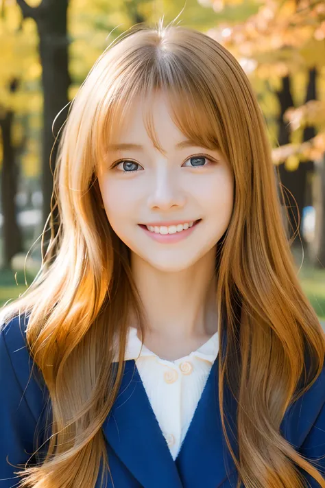 top-quality、​masterpiece、(Photorealsitic:1.4)、1girl in、smile eyes、(ulzzang -6500-v1.1:1.0)、Golden hair、blue eyess、18year old、Beautuful Women、女優、Autumn clothes、