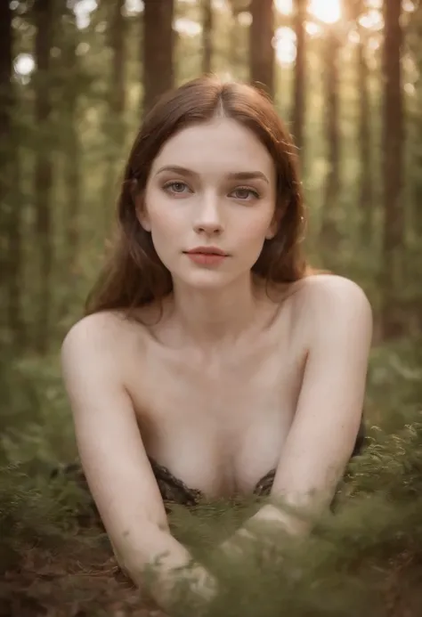 polaroid photo, night photo, photo of 14 y.o beautiful woman, pale skin, bokeh, motion blur, naked skin , pubic hair, lying on back in forest, sunny, body bare