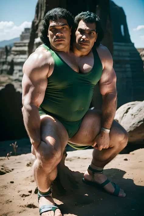 2heads:1.5, 1man, andre the giant but wearing a green singlet and a beautiful face, bald:1.5, no hair,full body, wearing shackles in wrists and ankles,realistic photography, cave in background and giant balck bird flying in the sunny sky,  sweaty, perfect ...