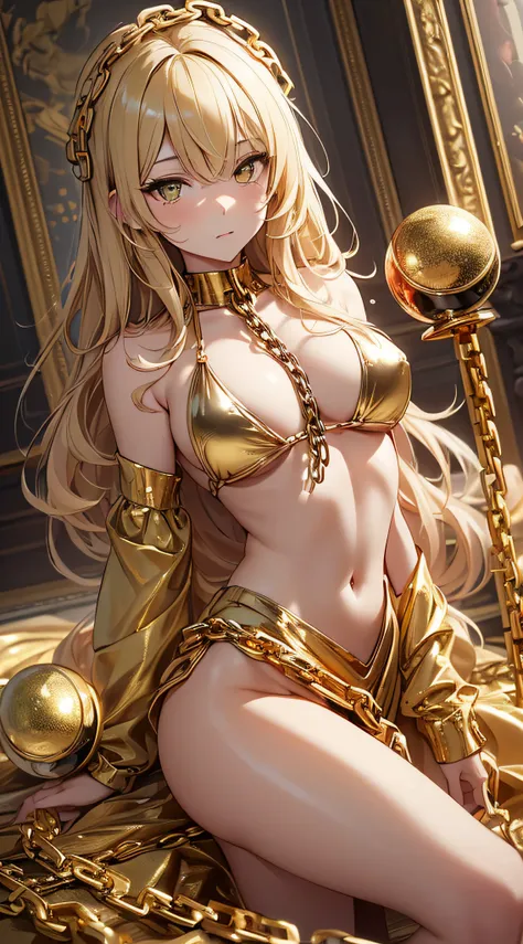 top-quality、Top image quality、​masterpiece、girl with((20yr old、Best Bust、big bast、Bust 85,beautiful golden eyes、Breasts wide open,Blonde long hair、A slender、Large valleys、Gold Bikini、Gold Dress,close range、Lonely face)）hiquality、Beautiful Art、Background wi...