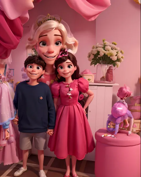 A boy and girl in Barbie dress holding hands, estilo Disney pixar, melhor qualidade