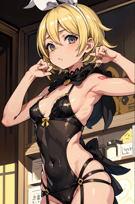 1 chica , Kagamine Rin (Cortina de pelvis: 1.3) Black Sheer Erotic Lingerie, obra maestra, arte oficial, hiperenfoque, Sakimi Zen (mejor calidad: 1), (obra maestra: 1), (Super detail: 1), (Medias: 1.2), 1 chica, Regordeta, avergonzada de mirar a la audienc...