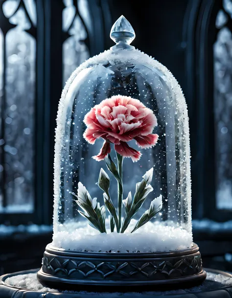 Cute Cartoon,CuteCartoonAF, frozen (((carnation under a glass dome))) (((carnation covered in crystals of ice and snow))), ((((breathtaking gothic summer garden background)))), Bloodborne vibes, 4k, masterpiece, ultra high quality