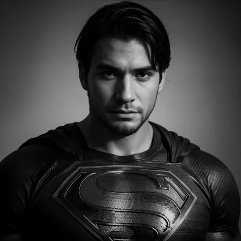 Monochrome portrait of Superman with short beard.