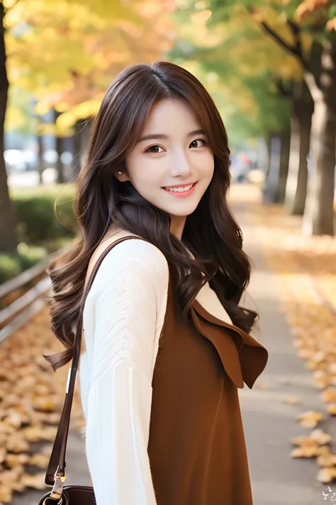 top-quality、​masterpiece、(Photorealsitic:1.4)、1girl in、smile eyes、(ulzzang -6500-v1.1:1.0)、Brownish、Brown eyes、22year old、Beautuful Women、女優、Autumn clothes、mont