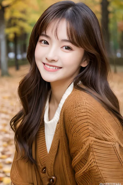 top-quality、​masterpiece、(Photorealsitic:1.4)、1girl in、smile eyes、(ulzzang -6500-v1.1:1.0)、Brownish、Brown eyes、22year old、Beautuful Women、女優、Autumn clothes、mont