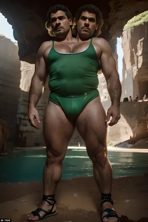 2heads:1.5, 1man, handsome faced bald giant but wearing a green singlet and a beautiful face, bald:1.5, no hair,full body, wearing shackles in wrists and ankles,realistic photography, cave in background and giant balck bird flying in the sunny sky,  sweaty...