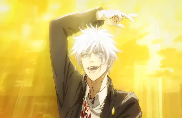 Close-up portrait of a person with white hair and black jacket, nagito komaeda, a silver haired mad, Ken Kaneki, screenshot from a 2012s anime, kaneki ken, white haired god, White-haired, Hajime Yatate, white  hair, todays featured anime still