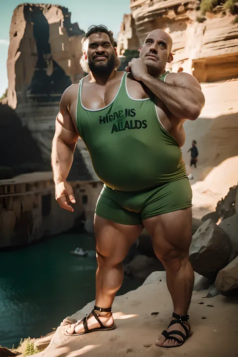 2heads:1.5, 1man, hamdsome bald giant but wearing a green singlet and a beautiful face, bald:1.5, no hair,full body, wearing shackles in wrists and ankles,realistic photography, cave in background and giant balck bird flying in the sunny sky,  sweaty, perf...