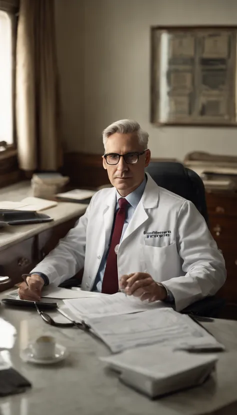 clear image, A distinguished 40-year-old man with gray hair and prescription glasses sits behind a modern medical table, his white coat and stethoscope around his neck, ready to see his next patient. His intense gaze at the camera conveys his dedication to...