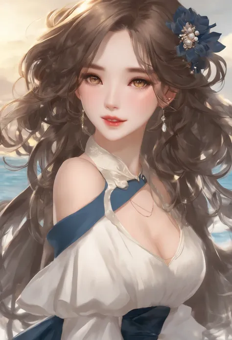 Masterpiece,((清晰的线条)),  limited palette,Best quality, Flat color, Low contrast, ((1girll)),(((a extremely delicate and beautiful girl))),(Beautiful detailed face),(Beautiful detailed eyes),{Long hair},hair adornments,((middle  breasts)),cabelos preto e lon...