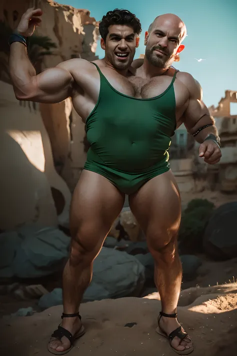 2heads:1.5, 1man, hamdsome man but wearing a green singlet and a beautiful face, bald:1.5, no hair,full body, wearing shackles in wrists and ankles,realistic photography, cave in background and giant balck bird flying in the sunny sky,  sweaty, perfect fac...