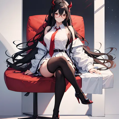 "anime girl, 1 person, black hair, shoulder-length hair, red eyes, glasses, white horns, wearing womens shirt, tie, school clothes, big breasts, tights, high heels, sitting  crossed legs, blushing, bottom view, (full HD 4K+ image)"