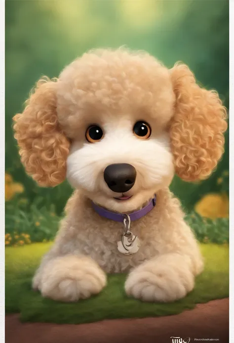 Create a poster inspired by Disney Pixar movies, apresentando uma cachorrinha de poodle branca, cachorrinho de pele bem cuidada com dentes caninos afiados e pontiagudos brincando. The poster is titled Juju Digital art should be in the style of Pixar, remin...