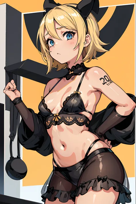 1 chica , Kagamine Rin (Cortina de pelvis: 1.3) Black Sheer Erotic Lingerie, obra maestra, arte oficial, hiperenfoque, Sakimi Zen (mejor calidad: 1), (obra maestra: 1), (Super detail: 1), (Medias: 1.2), 1 chica, Regordeta, avergonzada de mirar a la audienc...