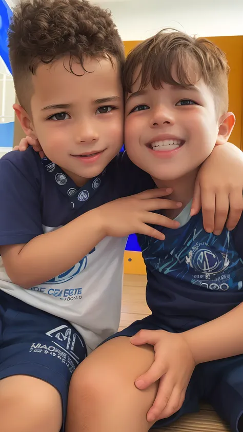 There are two boys sitting on the floor hugging each other, both smiling for the camera, They are close to each other, siblings, sorrindo um para o outro, meninos bonitos, hugging each other, Bowater Charlie e Brom Gerald, Directed by: Nandor Soldier, dive...