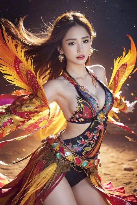 (​masterpiece、top-quality)、high resolution details、foco nítido、(Photoreal Stick:1.2)、1girl in、Cowboy Shot、(The beauty of a woman and the beauty of a phoenix feather seamlessly blend:1.1)、(Dancing in a kaleidoscope of bright colors and patterns、The blades r...