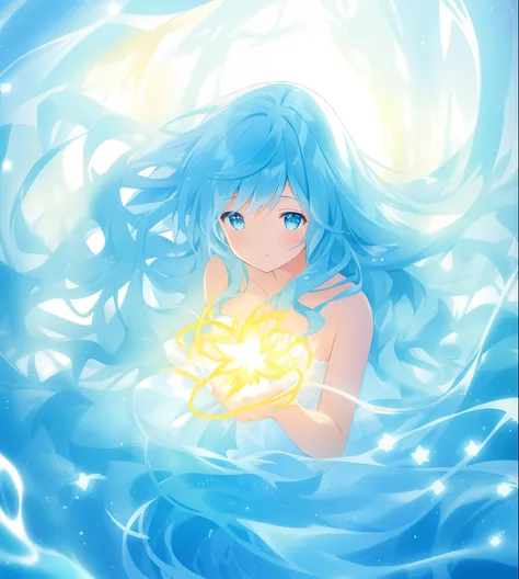 beautiful girl surrounded by liquid light, long wavy blue hair, blue watery liquid background, beautiful girl holding a glowing golden light, watercolor illustration, glowing aura around her, fantasia otherworldly, beautiful, masterpiece, best quality, ani...