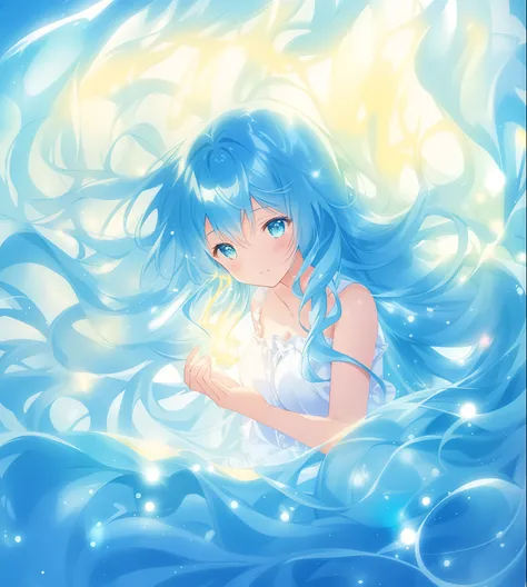 beautiful girl surrounded by liquid light, long wavy blue hair, blue watery liquid background, beautiful girl holding a glowing golden light, watercolor illustration, glowing aura around her, fantasia otherworldly, beautiful, masterpiece, best quality, ani...