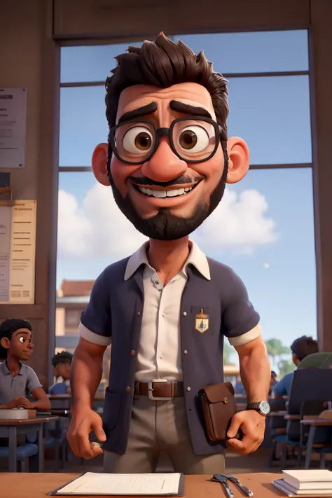 imagem de professor negro, alto bonito com barba ensinando geografia com a camisa do clube do remo , sobranselha grossa e olhos castanhos e grandes, cabelo curto e preto, teaching with students in the background in the State of Pará with Disney and Pixar c...