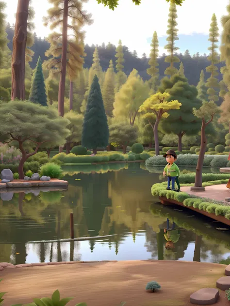 Um jardim estilo Disney pixar, with lake reflecting a green pine tree and yellowish poplars in the background