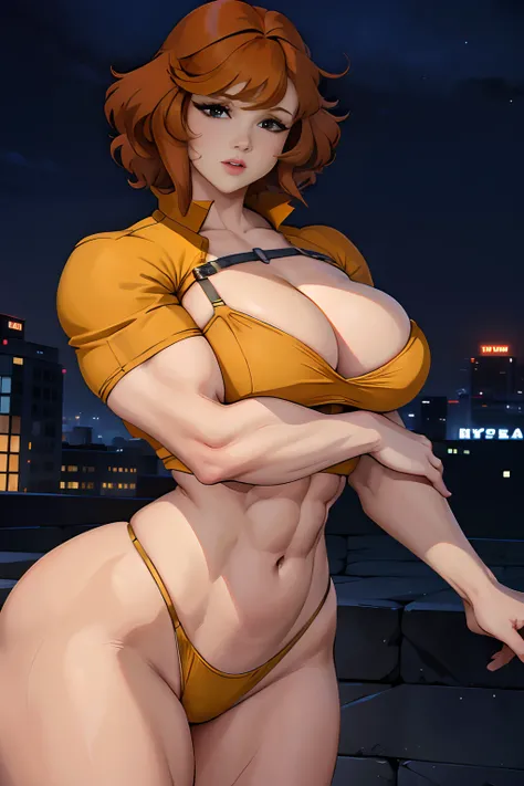 Cowboy shot, April ONeill, 1girl, brown hair, orange hair, retro artstyle, Short hair, Yellow bikini, very large_pectorals, wide hips, cleavage, night city background, cute face, Protruding Breasts, nice hands, perfect arms, Torpedo boobs, Hypermuscular Bo...
